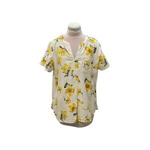 VAN HEUSEN Cream Yellow Floral Linen Rayon Split Neck Top Large Resort Vacation
